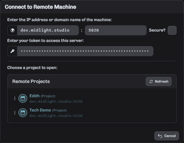 Connect to Remote Machine Dialog